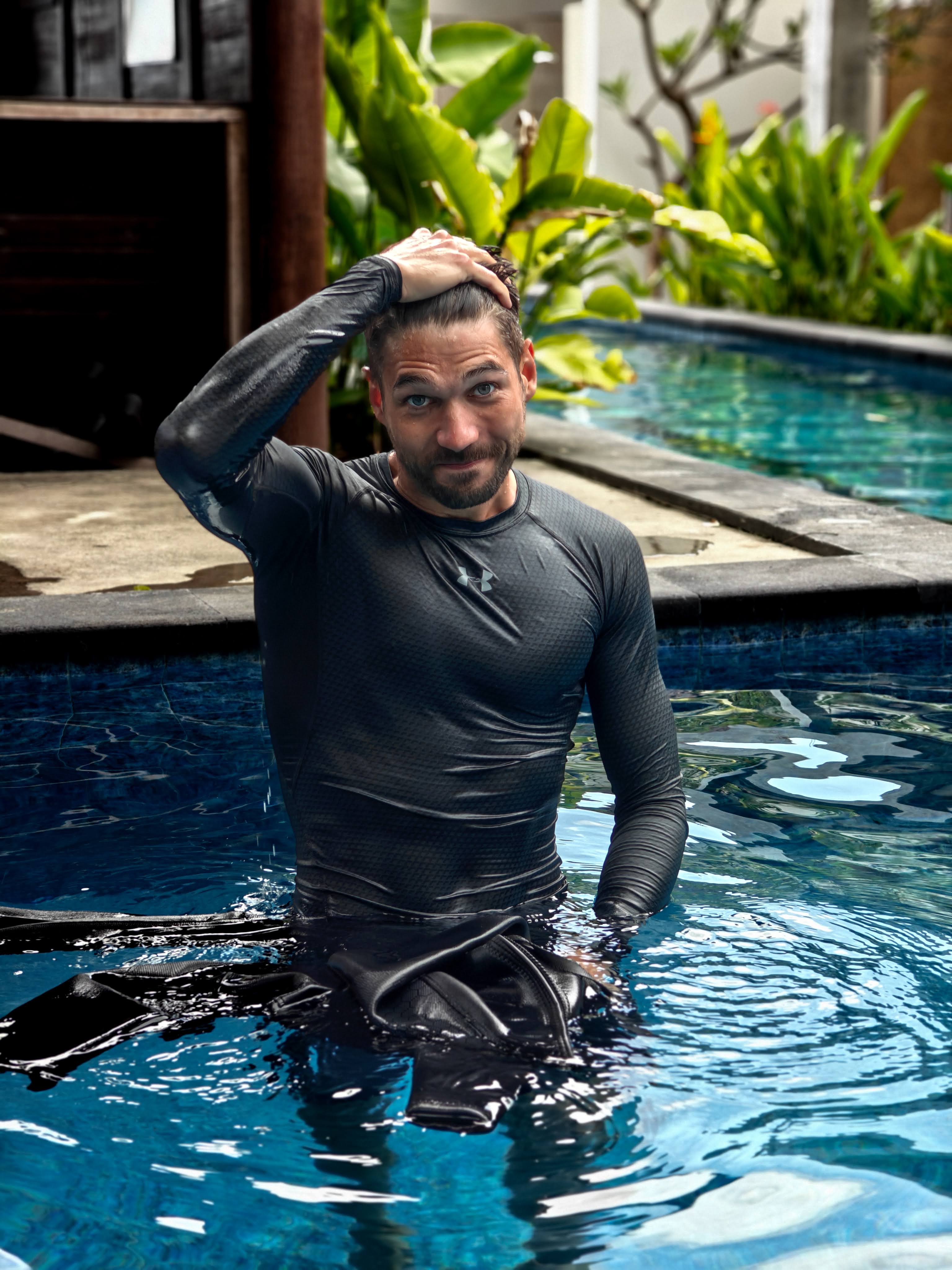 Pete in a private pool with freediving gear