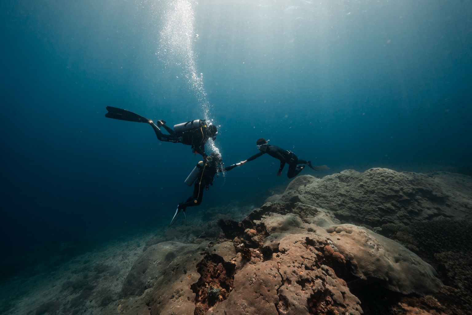 Freediver and scuba divers over a reef