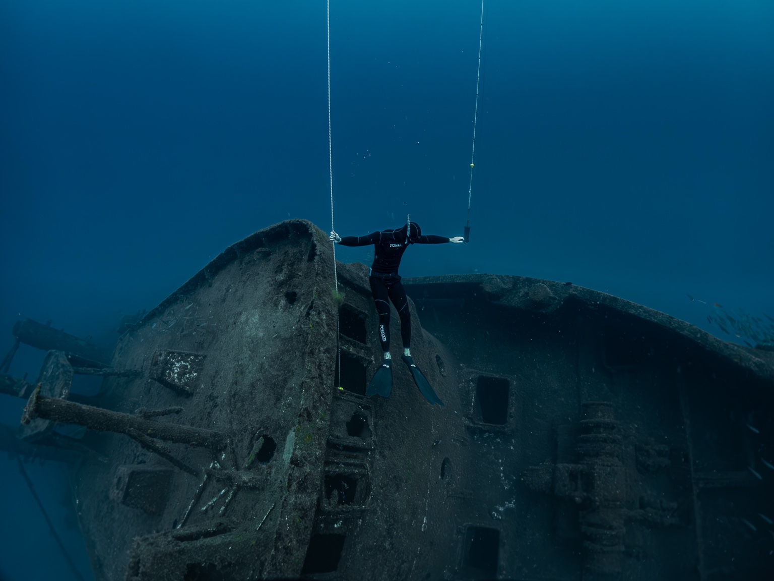 Freediver holding a line above a shipwreck